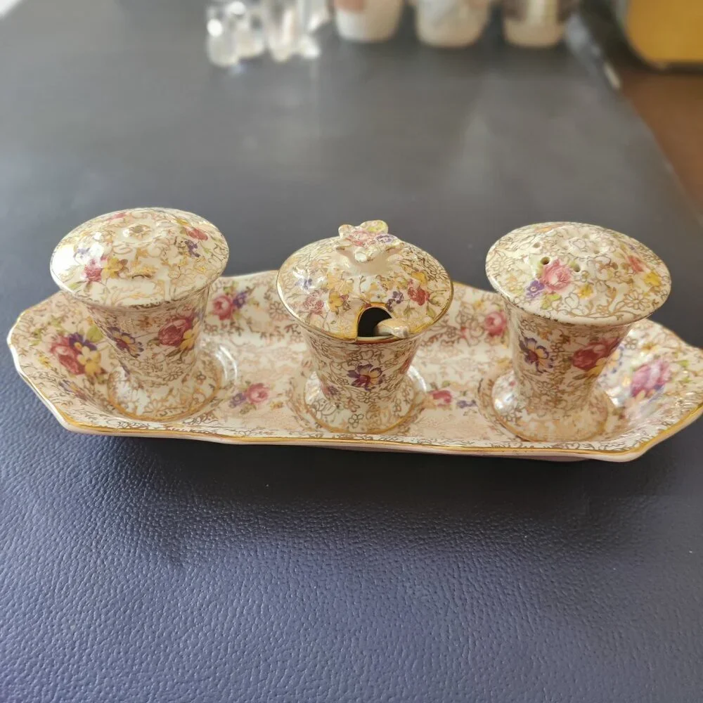 Salt Pepper & Mustard Porcelain Condiment Set in Chintz by Fenton, Vintage